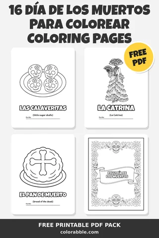 16 Día de los Muertos para Colorear coloring pages – preview of the free PDF pack