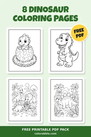 8 Dinosaur coloring pages – preview of the free PDF pack