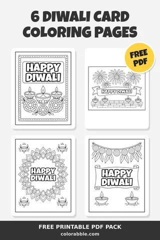 6 Diwali Card coloring pages – preview of the free PDF pack