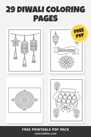 29 Diwali coloring pages – preview of the free PDF pack