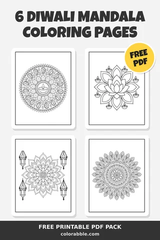 6 Diwali Mandala coloring pages – preview of the free PDF pack