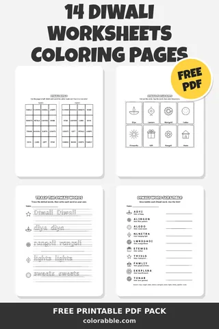 14 Diwali Worksheets coloring pages – preview of the free PDF pack