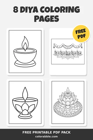 8 Diya coloring pages – preview of the free PDF pack