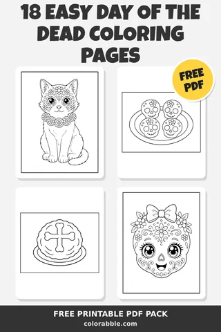 18 Easy Day of the Dead coloring pages – preview of the free PDF pack