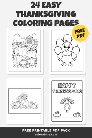 24 Easy Thanksgiving coloring pages – preview of the free PDF pack
