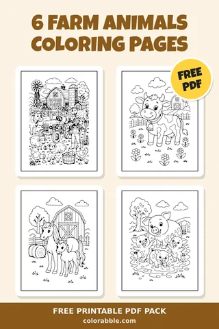 6 Farm Animals coloring pages – preview of the free PDF pack