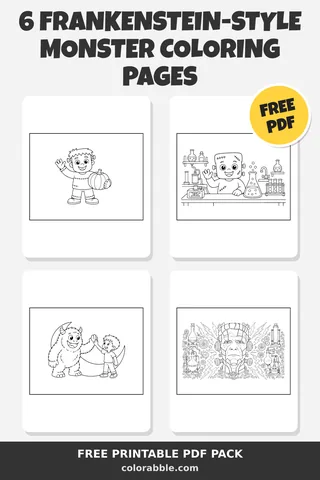 6 Frankenstein-Style Monster coloring pages – preview of the free PDF pack