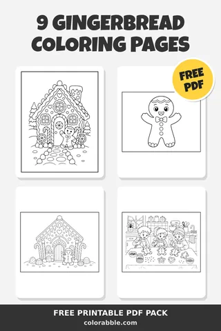 9 Gingerbread coloring pages – preview of the free PDF pack