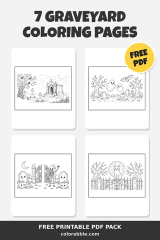 7 Graveyard coloring pages – preview of the free PDF pack