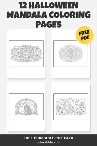 12 Halloween Mandala coloring pages – preview of the free PDF pack