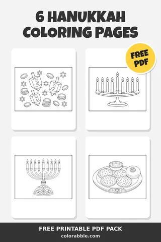 6 Hanukkah coloring pages – preview of the free PDF pack