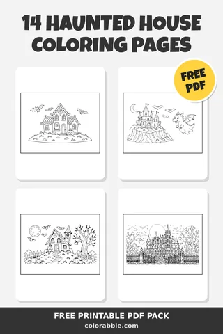 14 Haunted House coloring pages – preview of the free PDF pack