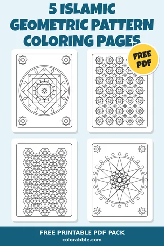5 Islamic Geometric Pattern coloring pages – preview of the free PDF pack
