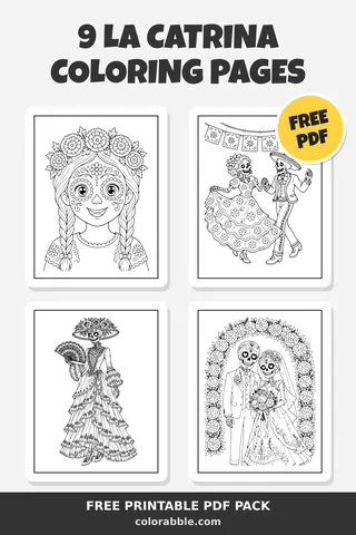 9 La Catrina coloring pages – preview of the free PDF pack