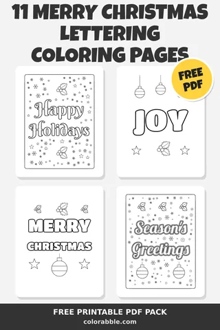11 Merry Christmas Lettering coloring pages – preview of the free PDF pack