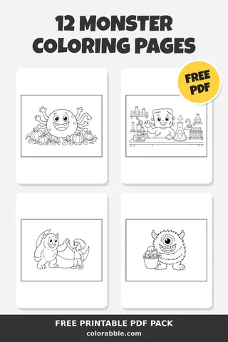 12 Monster coloring pages – preview of the free PDF pack