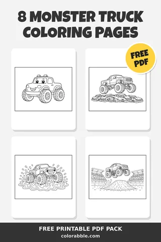 8 Monster Truck coloring pages – preview of the free PDF pack
