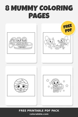 8 Mummy coloring pages – preview of the free PDF pack