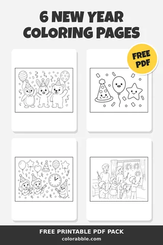 6 New Year coloring pages – preview of the free PDF pack