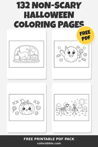 132 Non-Scary Halloween coloring pages – preview of the free PDF pack