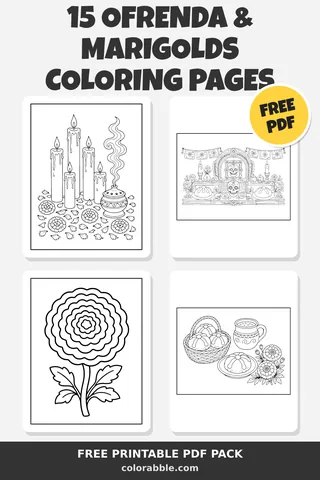 15 Ofrenda & Marigolds coloring pages – preview of the free PDF pack