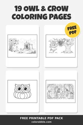 19 Owl & Crow coloring pages – preview of the free PDF pack