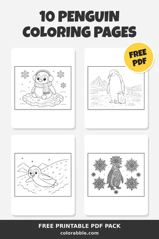 10 Penguin coloring pages – preview of the free PDF pack