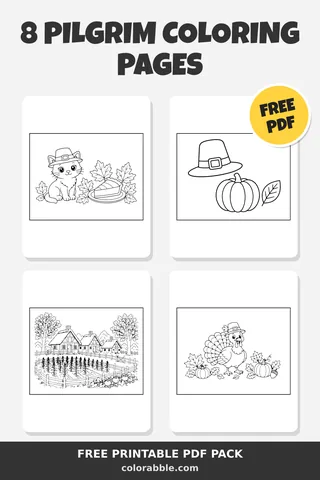 8 Pilgrim coloring pages – preview of the free PDF pack