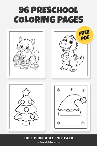 96 Preschool coloring pages – preview of the free PDF pack