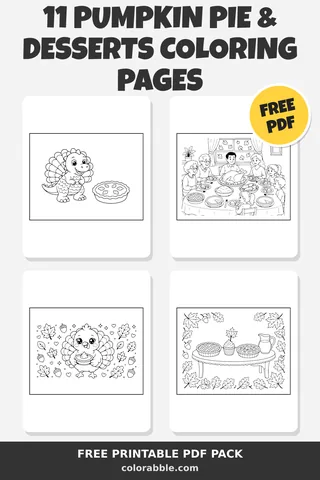 11 Pumpkin Pie & Desserts coloring pages – preview of the free PDF pack