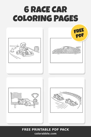 6 Race Car coloring pages – preview of the free PDF pack