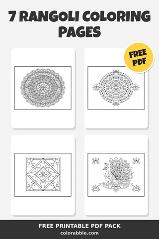 7 Rangoli coloring pages – preview of the free PDF pack