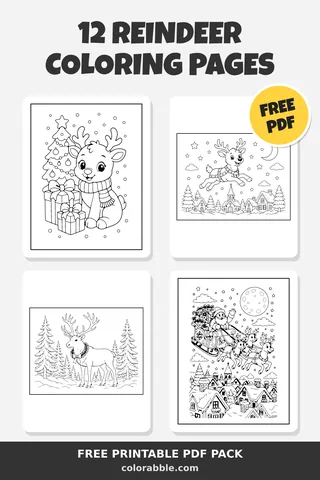 12 Reindeer coloring pages – preview of the free PDF pack