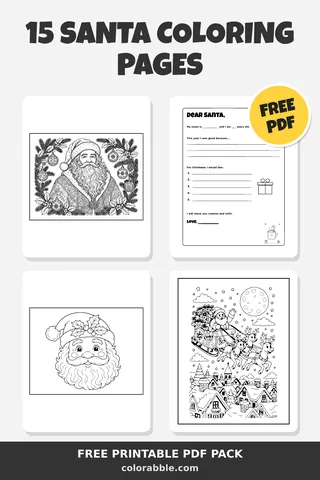 15 Santa coloring pages – preview of the free PDF pack