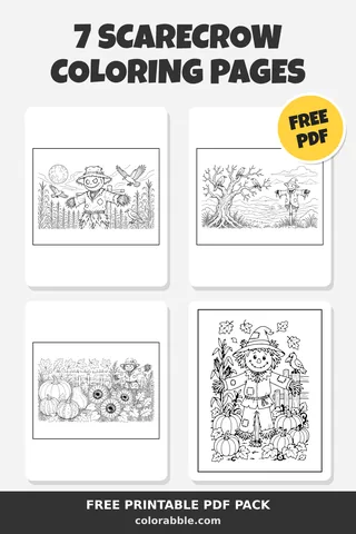 7 Scarecrow coloring pages – preview of the free PDF pack