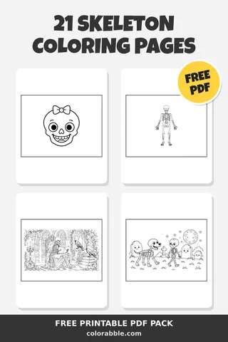 21 Skeleton coloring pages – preview of the free PDF pack