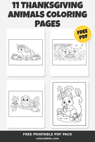 11 Thanksgiving Animals coloring pages – preview of the free PDF pack