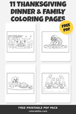 11 Thanksgiving Dinner & Family coloring pages – preview of the free PDF pack
