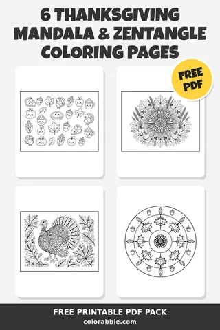 6 Thanksgiving Mandala & Zentangle coloring pages – preview of the free PDF pack