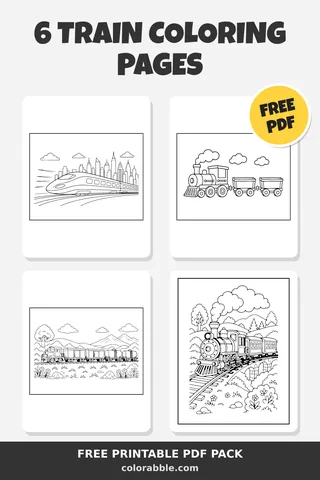 6 Train coloring pages – preview of the free PDF pack