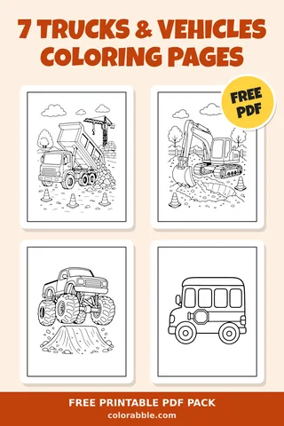 7 Trucks & Vehicles coloring pages – preview of the free PDF pack