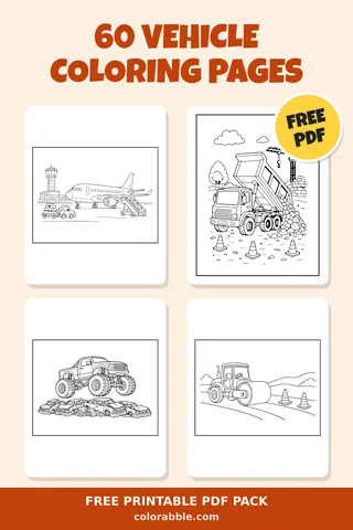 60 Vehicle coloring pages – preview of the free PDF pack
