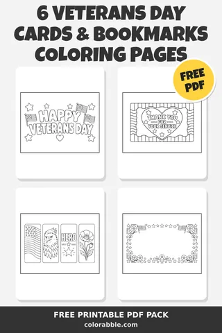 6 Veterans Day Cards & Bookmarks coloring pages – preview of the free PDF pack