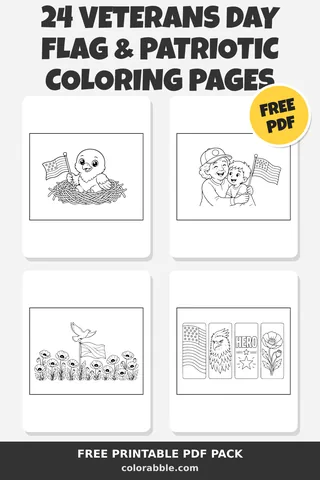24 Veterans Day Flag & Patriotic coloring pages – preview of the free PDF pack