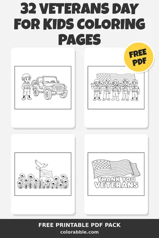 32 Veterans Day for Kids coloring pages – preview of the free PDF pack