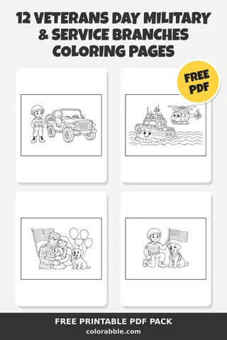 12 Veterans Day Military & Service Branches coloring pages – preview of the free PDF pack
