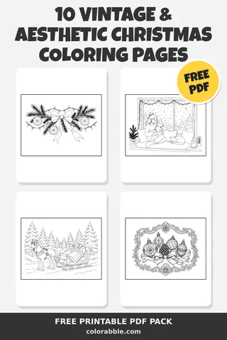 10 Vintage & Aesthetic Christmas coloring pages – preview of the free PDF pack