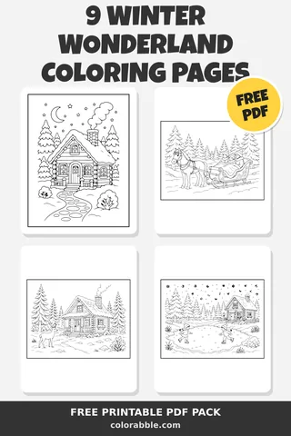9 Winter Wonderland coloring pages – preview of the free PDF pack