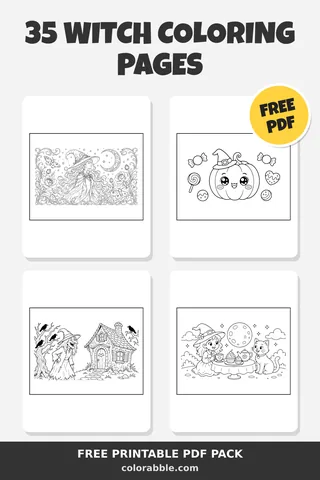 35 Witch coloring pages – preview of the free PDF pack
