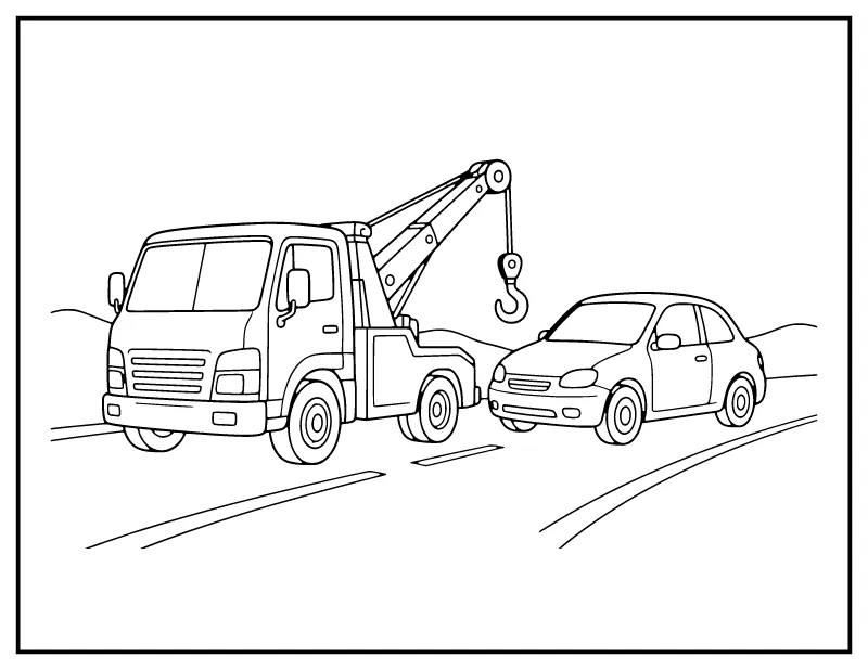 Tow Truck coloring page – printable black and white line art
